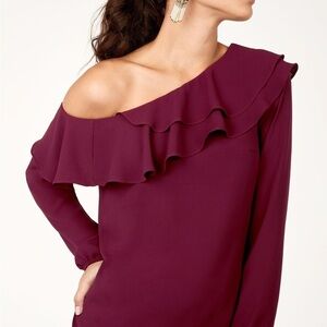 Stella & Dot One Shoulder Ruffle Top Size M Plum Burgundy Romantic Western Boho